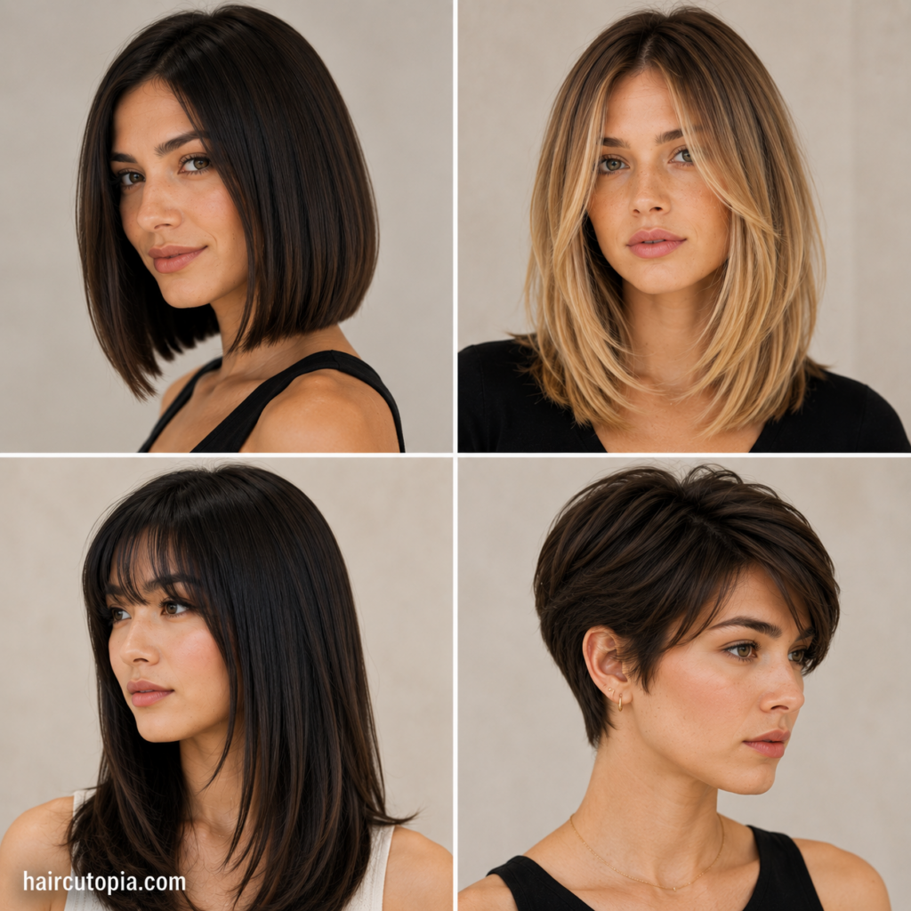 Haircuts for women with straight hair featuring bob, layered, long, and pixie styles