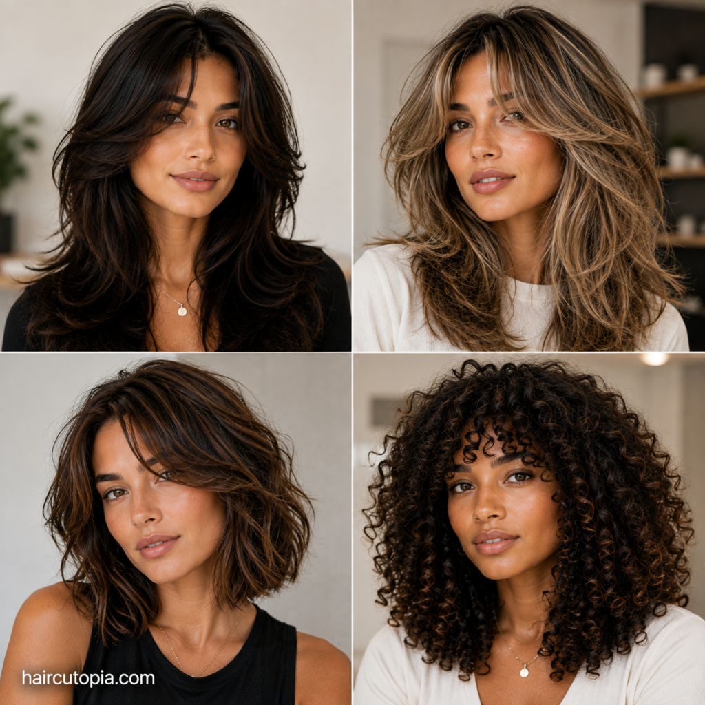 Editorial collage of women with thick hair featuring layered haircuts, butterfly cuts, textured bobs, shoulder-length hairstyles, and naturally curly styles.