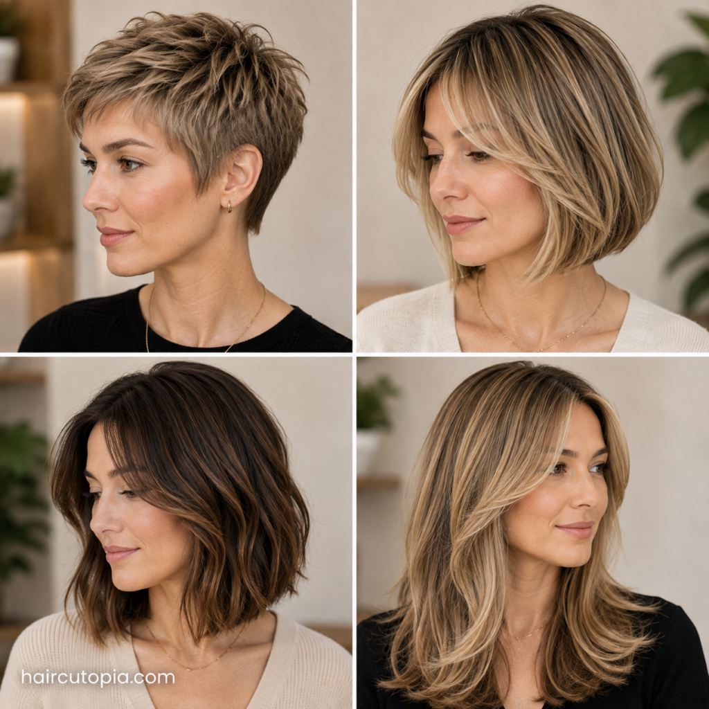 Collage of women with pixie cuts, layered bobs, lobs, and long layered hairstyles for thin hair.