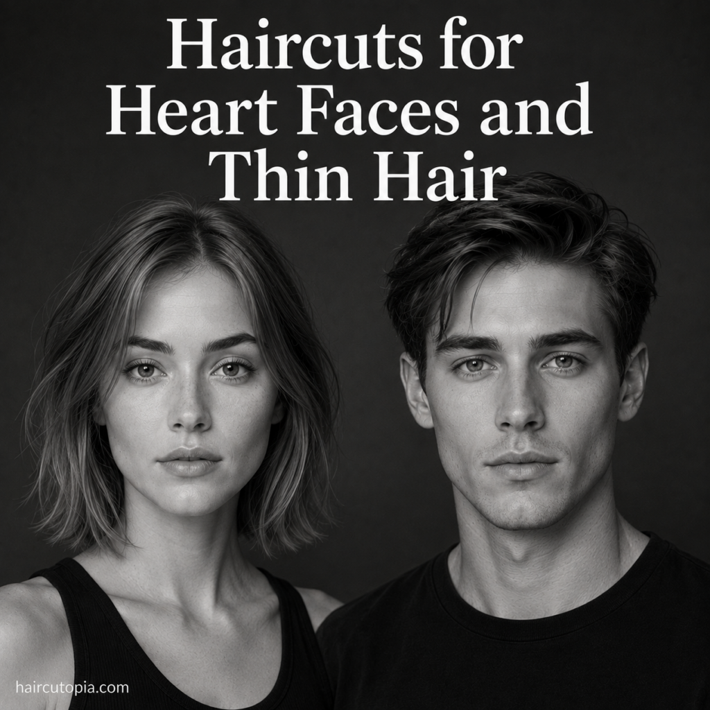 Woman and man with heart-shaped faces and thin hair wearing volume-enhancing hairstyles in a black-and-white editorial portrait.