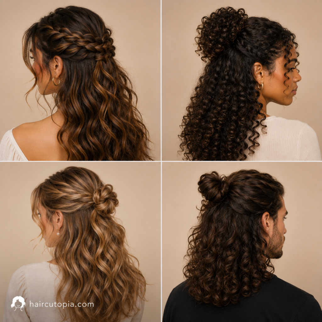 Half-up half-down hairstyle ideas featuring braids, curls, buns, waves, and men's long hair