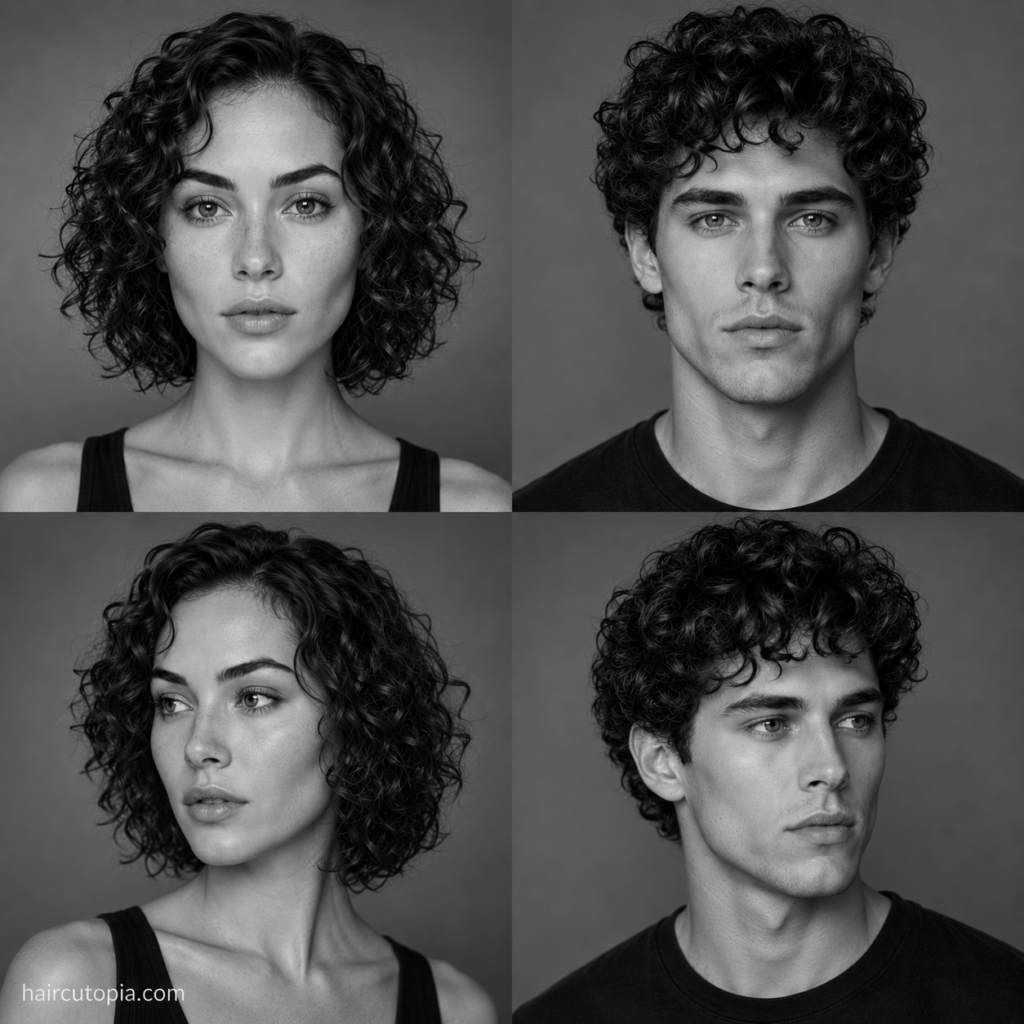 Four black-and-white portraits showing feminine and masculine adults with heart-shaped faces from front and three-quarter angles.