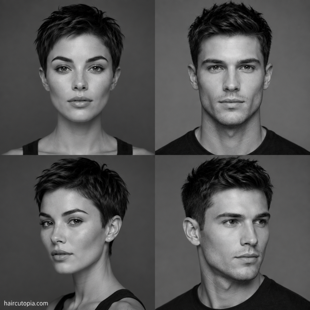 Four black-and-white portraits showing feminine and masculine adults with heart-shaped faces from front and three-quarter angles.