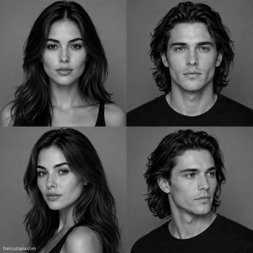 Four black-and-white portraits showing feminine and masculine adults with heart-shaped faces from front and three-quarter angles.