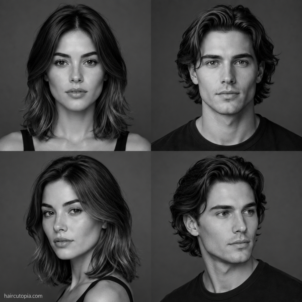 Four black-and-white portraits showing feminine and masculine adults with heart-shaped faces from front and three-quarter angles.