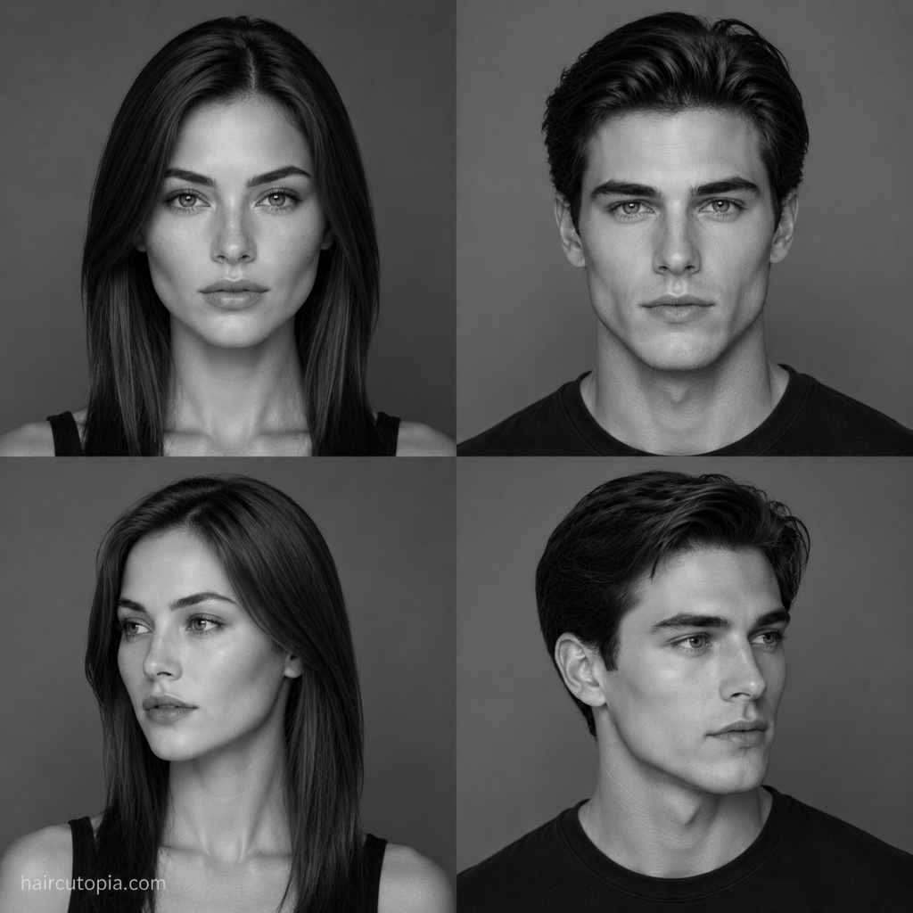Four black-and-white portraits showing feminine and masculine adults with heart-shaped faces from front and three-quarter angles.