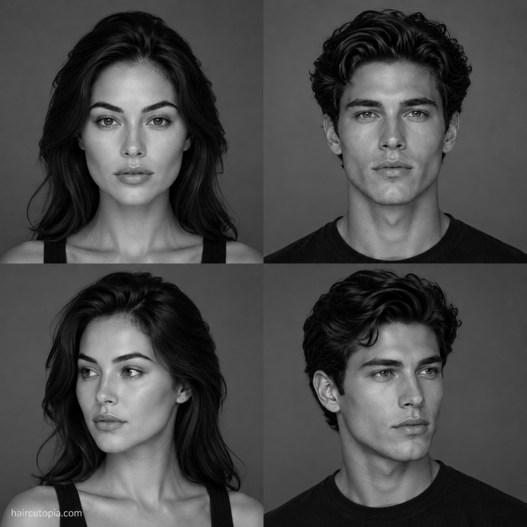 Four black-and-white portraits showing feminine and masculine adults with heart-shaped faces from front and three-quarter angles.