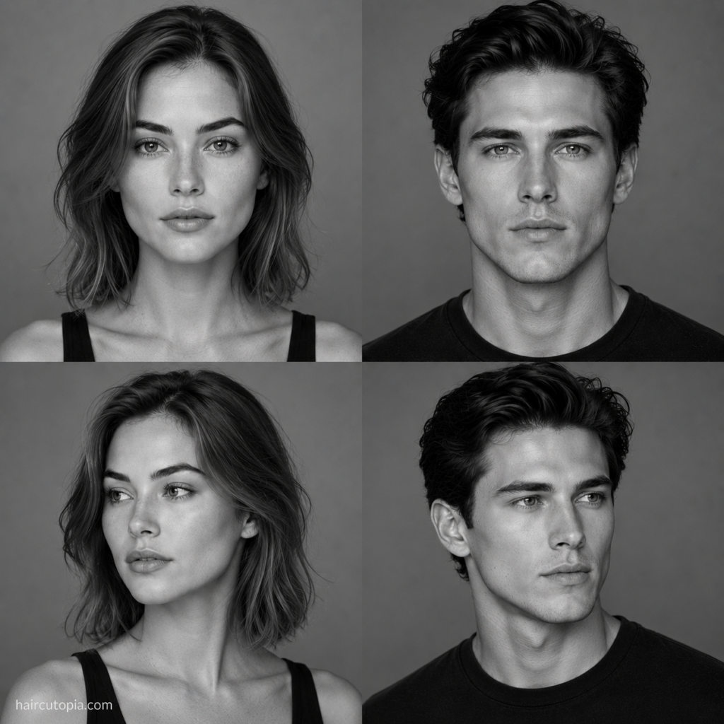 Four black-and-white portraits showing feminine and masculine adults with heart-shaped faces from front and three-quarter angles.