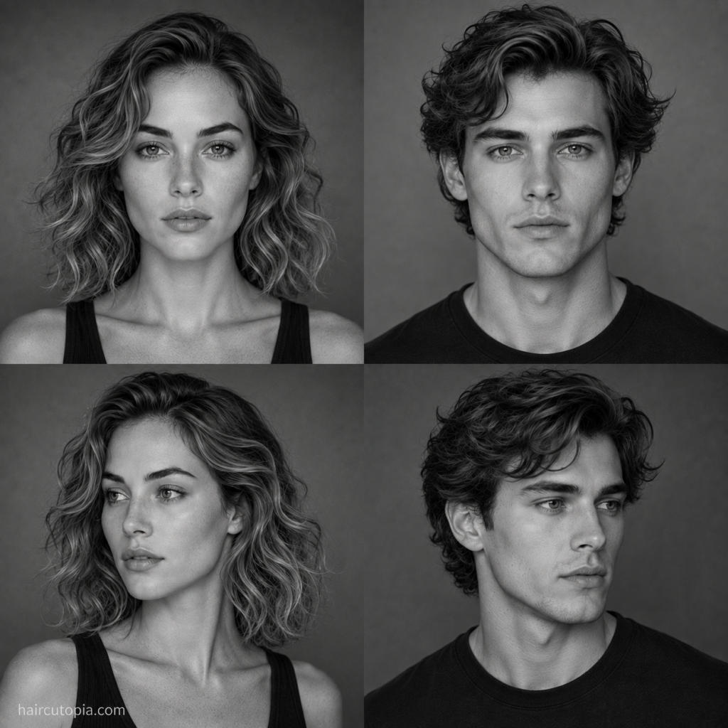 Four black-and-white portraits showing feminine and masculine adults with heart-shaped faces from front and three-quarter angles.