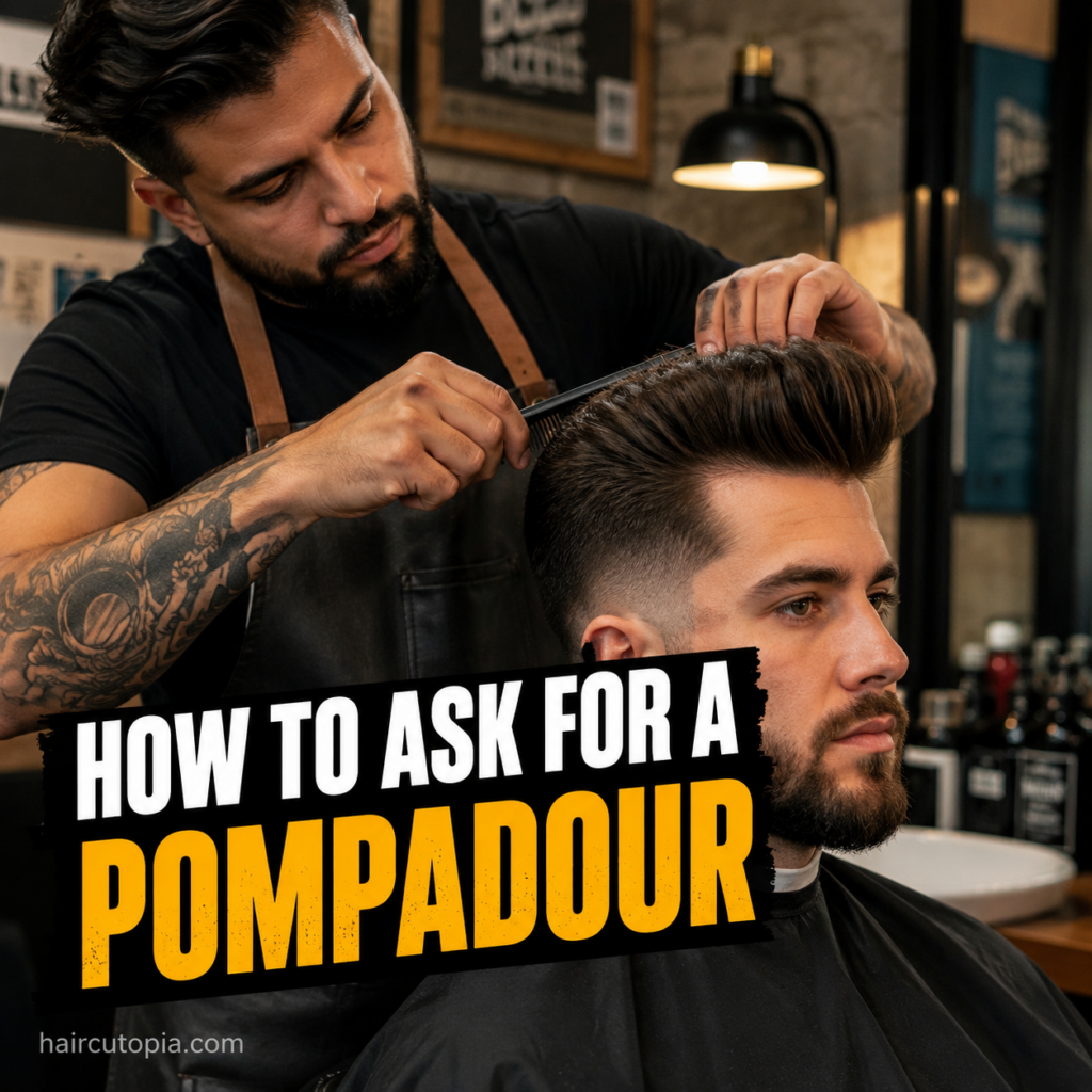 Barber styling a client's pompadour haircut