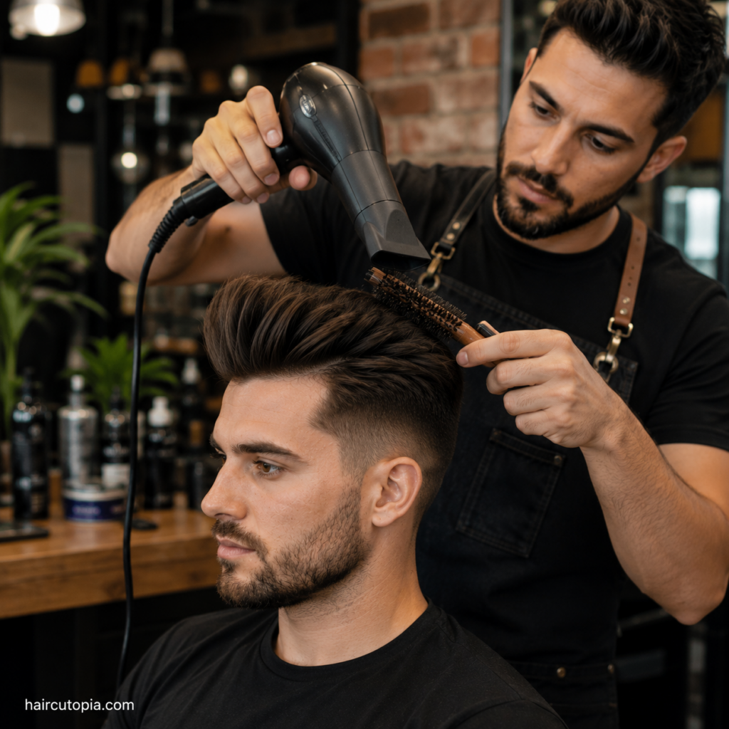 Barber blow-drying a quiff with a round brush to create volume