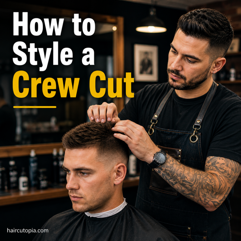 Barber styling a client’s textured crew cut with faded sides