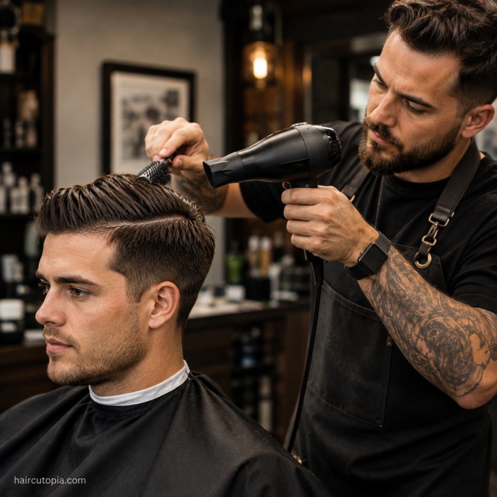 Barber blow-drying and styling a side part haircut with a brush