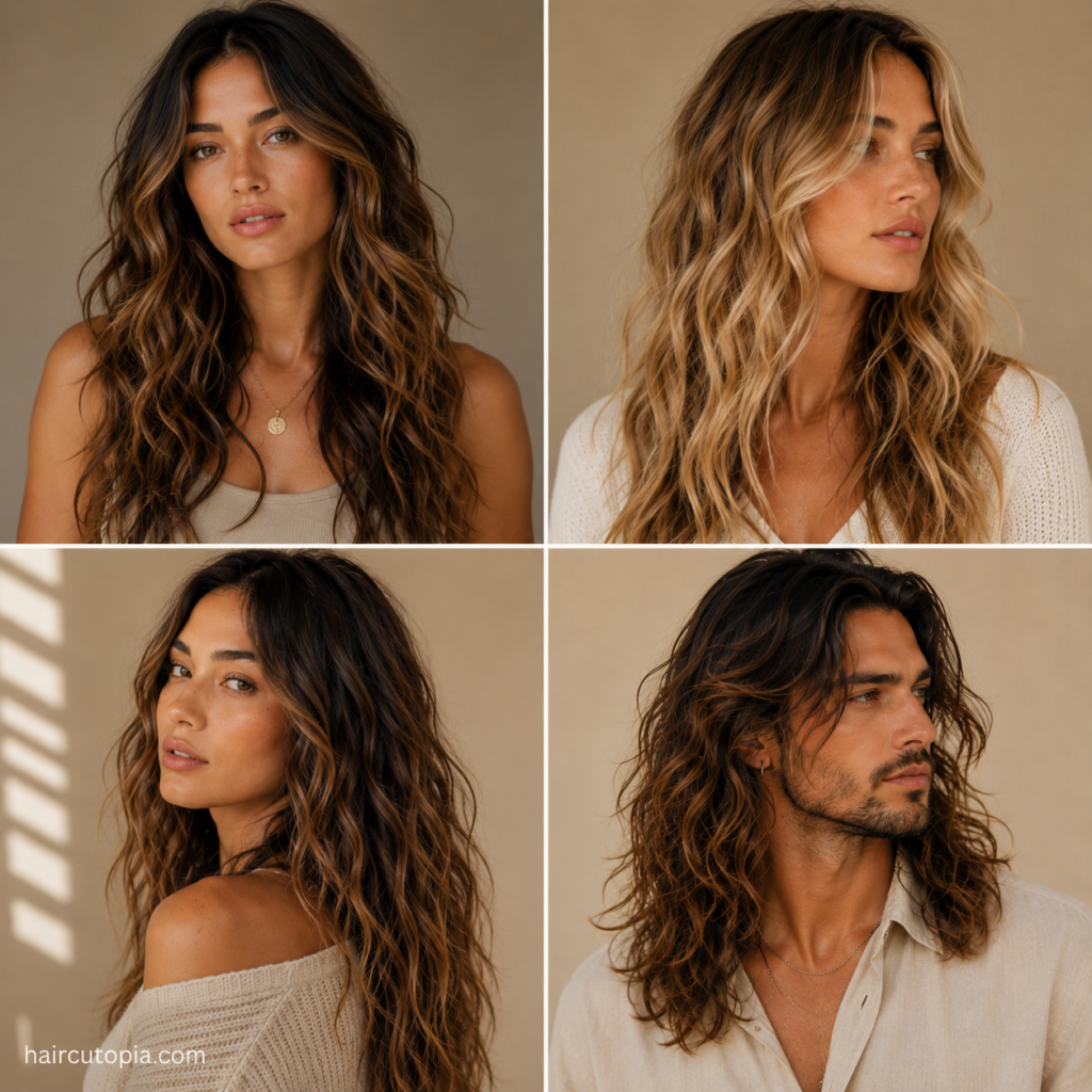 Diverse men and women showcasing long beach waves with tousled layers, highlights, loose texture, and natural-looking waves.