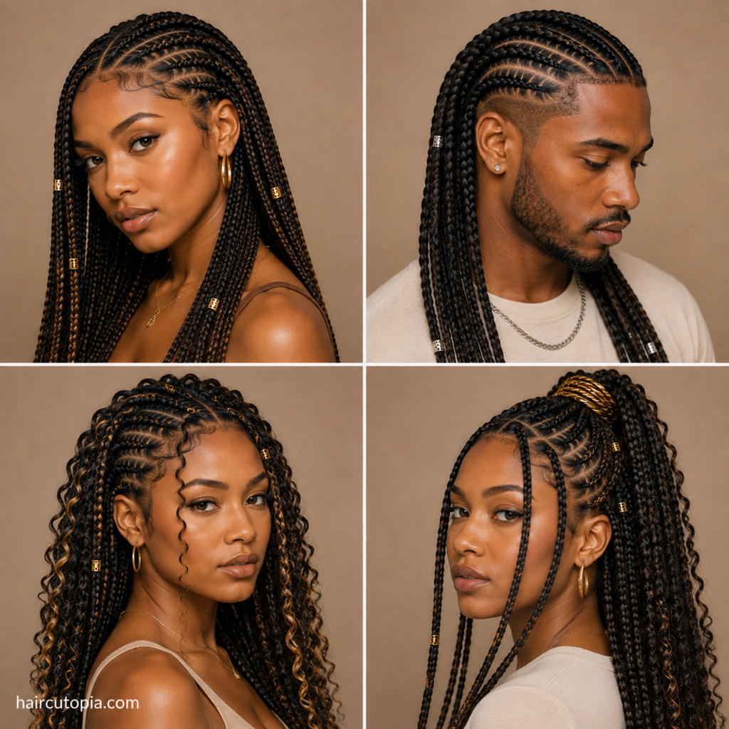Men and women showcasing long braided hairstyles including box braids, cornrows, curly braids, and braided ponytails