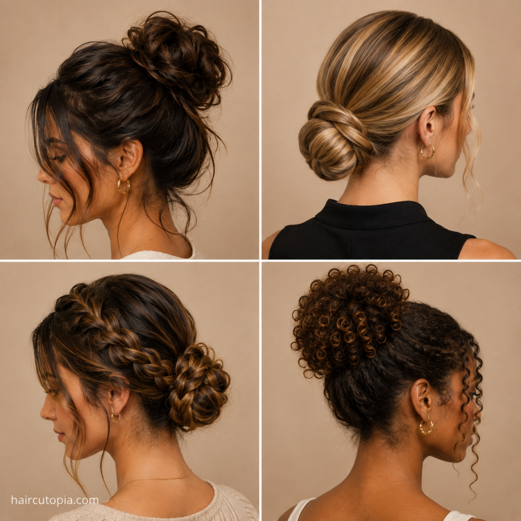 Long bun hairstyles featuring messy high, sleek low, braided, and curly bun variations