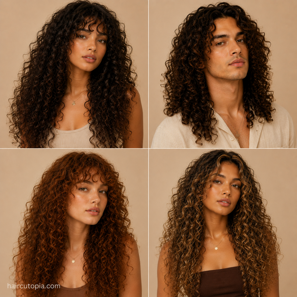 Men and women showcasing long curly hairstyle ideas with layers, bangs, highlights, and natural volume
