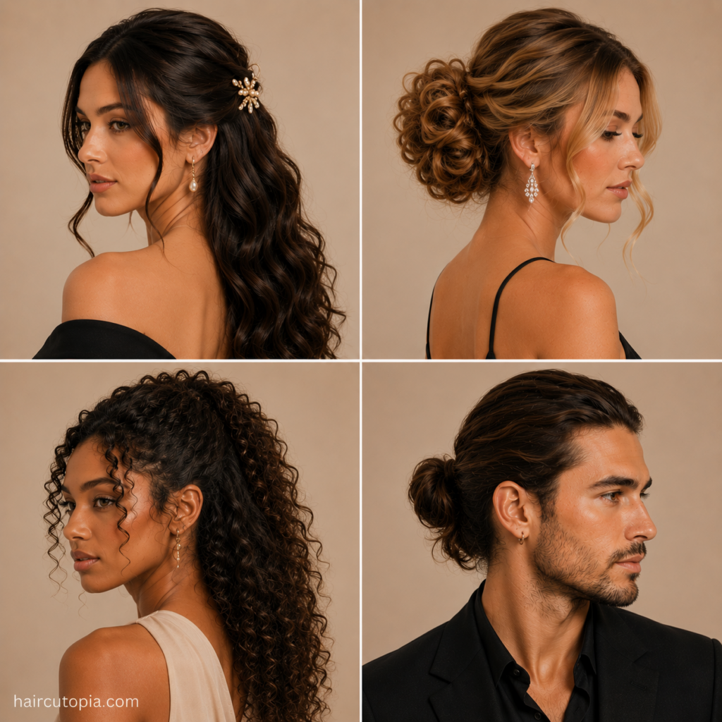 Four long formal hairstyles featuring a wavy half-up style, elegant updo, curly ponytail, and men’s low bun