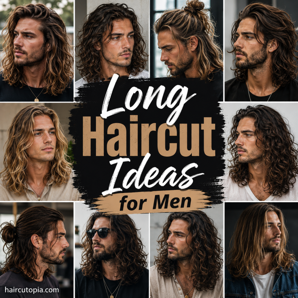 Long haircut ideas for men featuring straight, wavy, curly and layered hairstyles