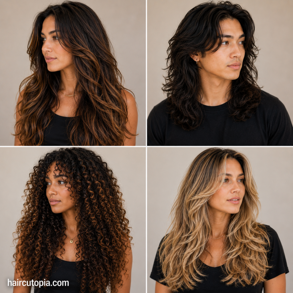 Long haircuts for coarse hair featuring layered, wavy, curly, and textured styles