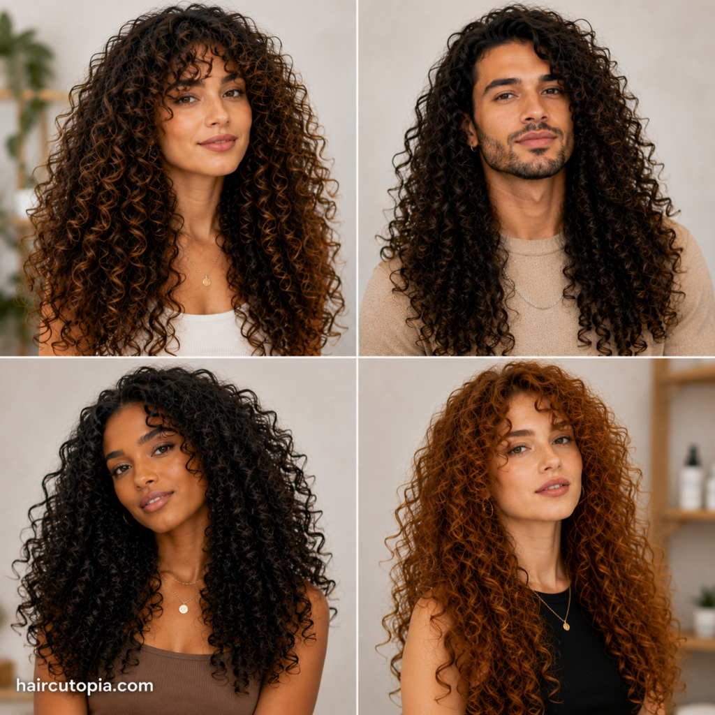 Collage of diverse men and women with long haircuts for curly hair featuring layered cuts, butterfly hairstyles, and naturally defined long curls.