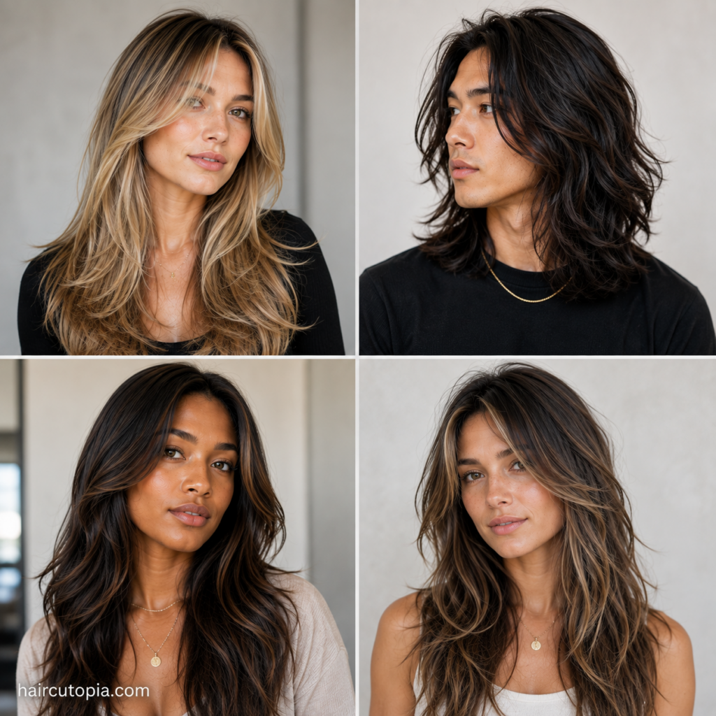 Close-up collage of diverse men and women with long haircuts for fine hair, featuring long layers, butterfly cuts, soft waves, and face-framing hairstyles that add movement and volume.