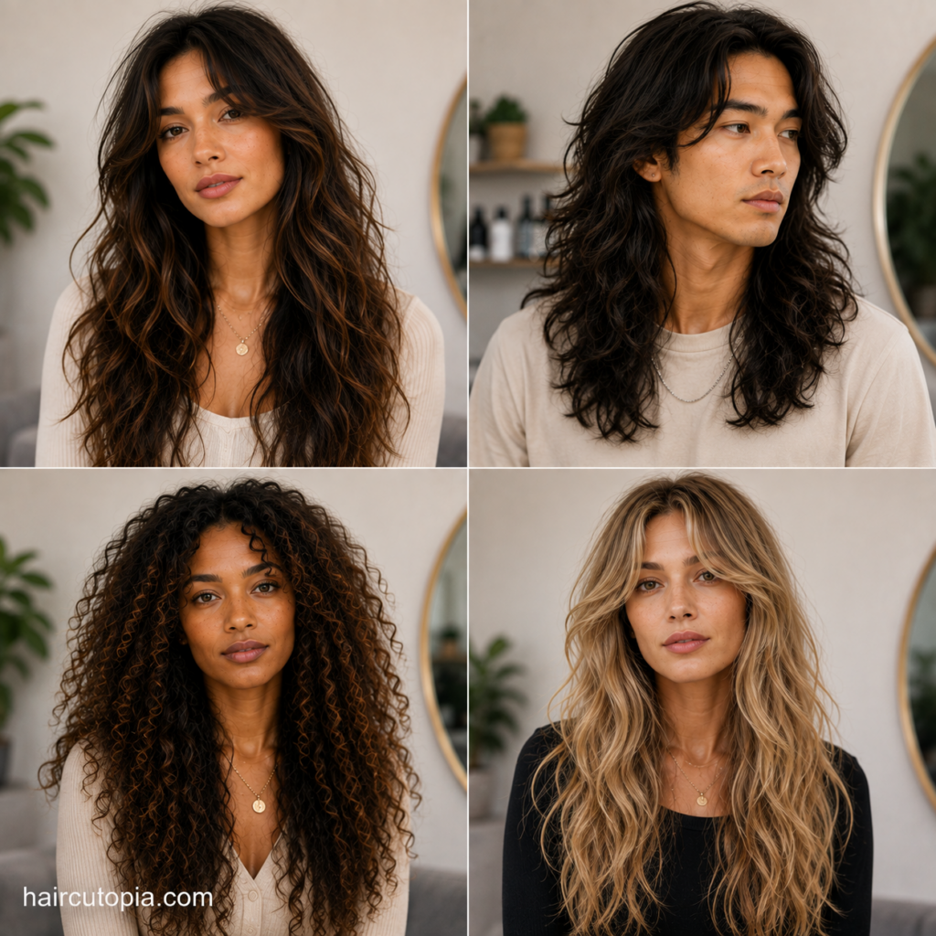 Long haircuts for frizzy hair featuring layered, wavy, curly, and naturally textured styles for men and women