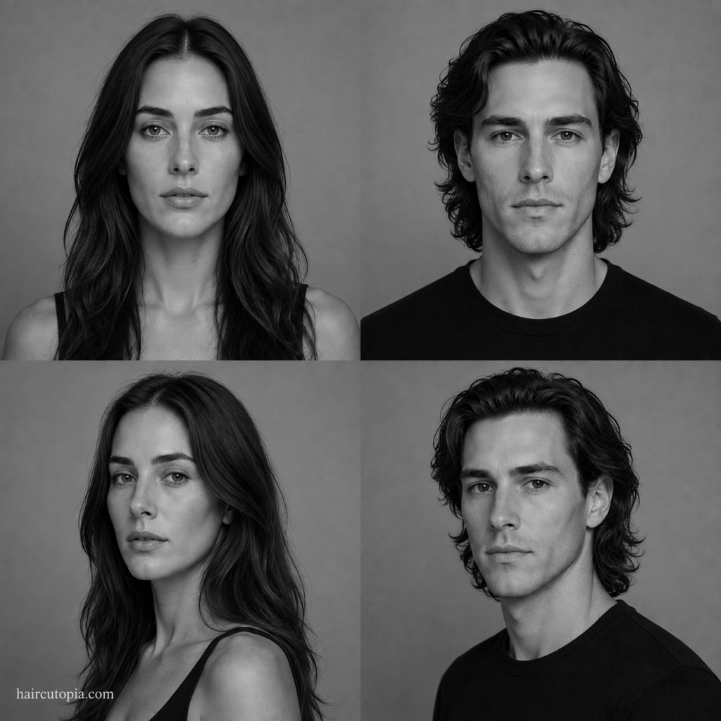 Four-panel black-and-white editorial collage showing feminine-presenting and masculine-presenting adults with long face shapes from front and three-quarter views.