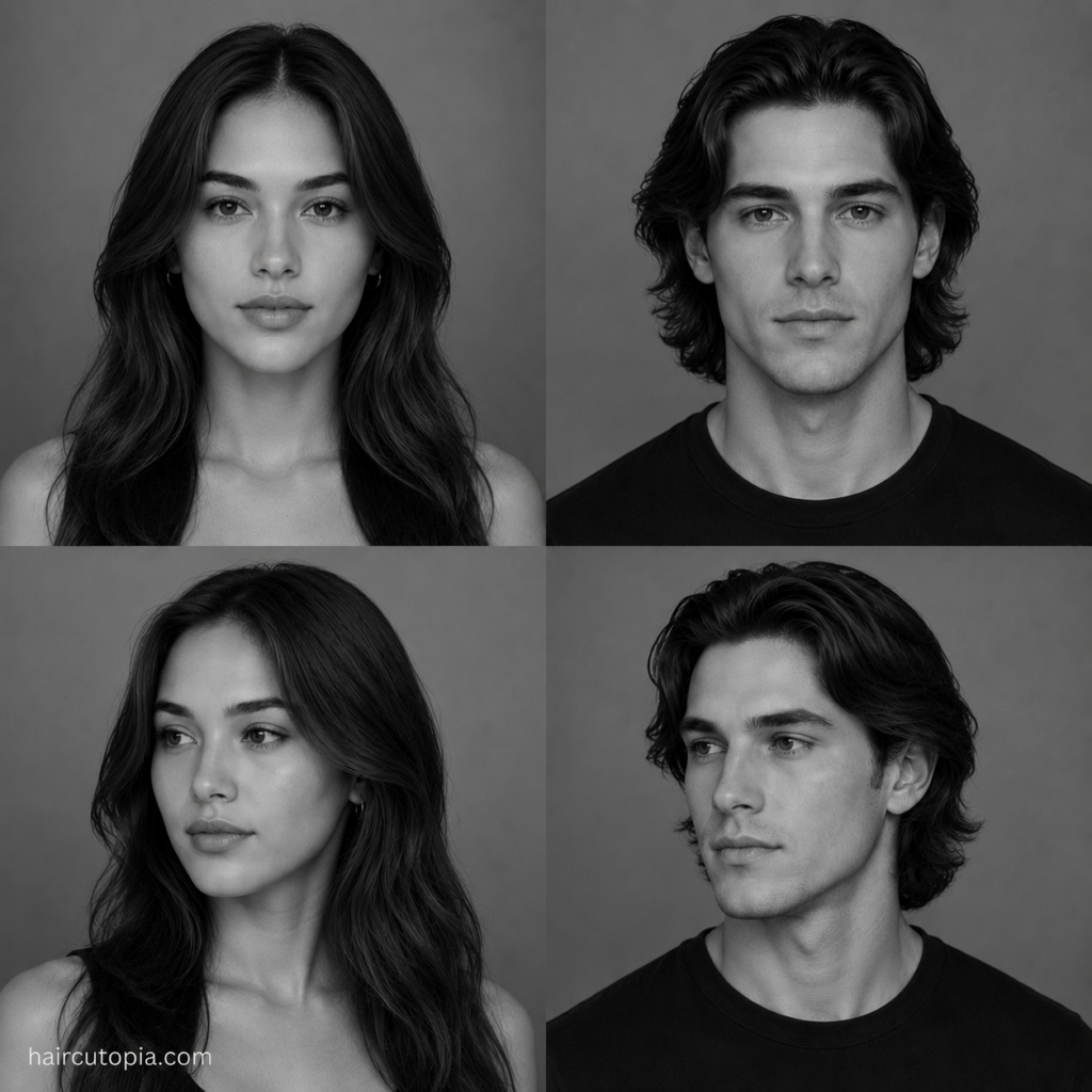 Four-panel black-and-white editorial collage showing feminine-presenting and masculine-presenting adults with oval face shapes from front and three-quarter views and long hairstyles.