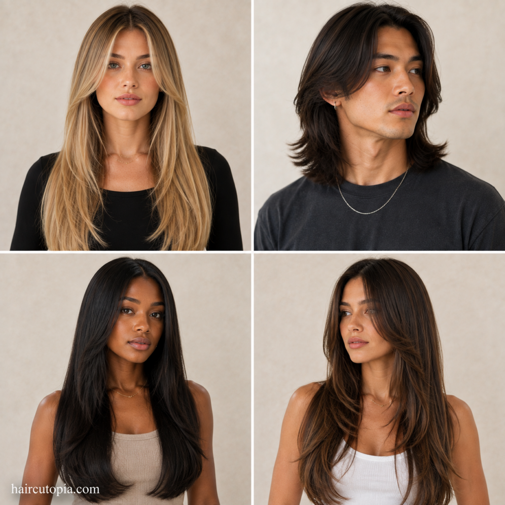 Long haircuts for straight hair featuring layers and face-framing styles