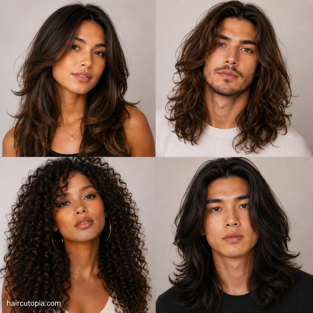 Editorial collage of diverse men and women with long haircuts for thick hair, featuring layered cuts, butterfly haircuts, long waves, and voluminous curly hairstyles.