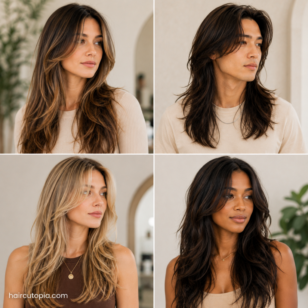 Collage of diverse men and women with long layered hairstyles, butterfly cuts, and face-framing haircuts for thin hair.