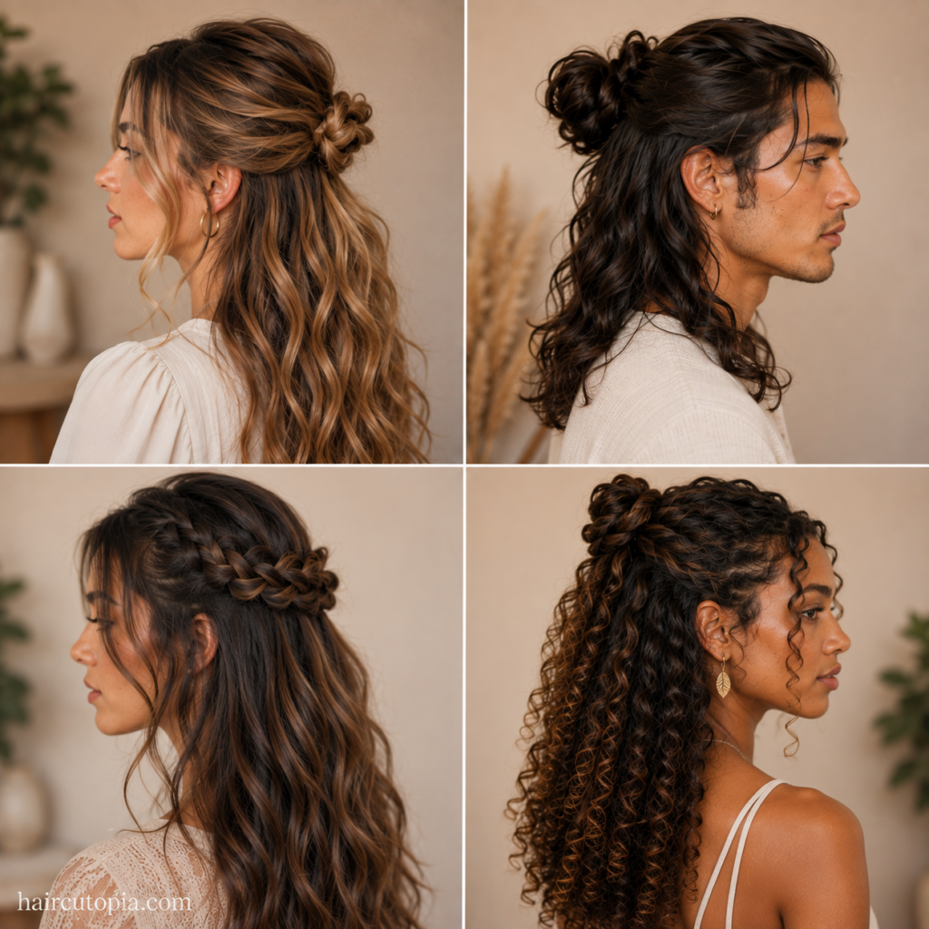 Long half-up half-down hairstyle ideas with buns, braids, waves, and curls