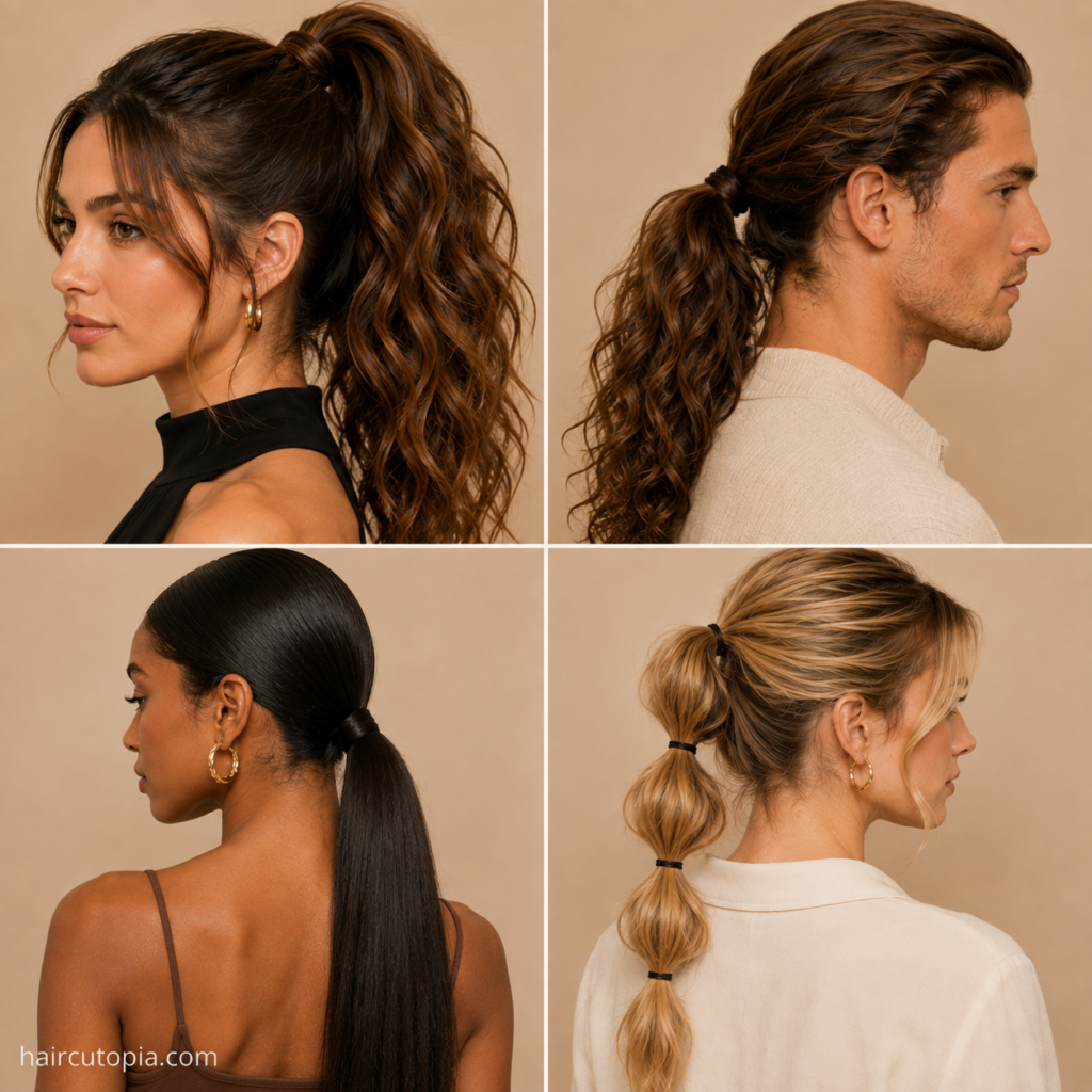Long ponytail hairstyles featuring high wavy, low textured, sleek straight, and bubble ponytail styles
