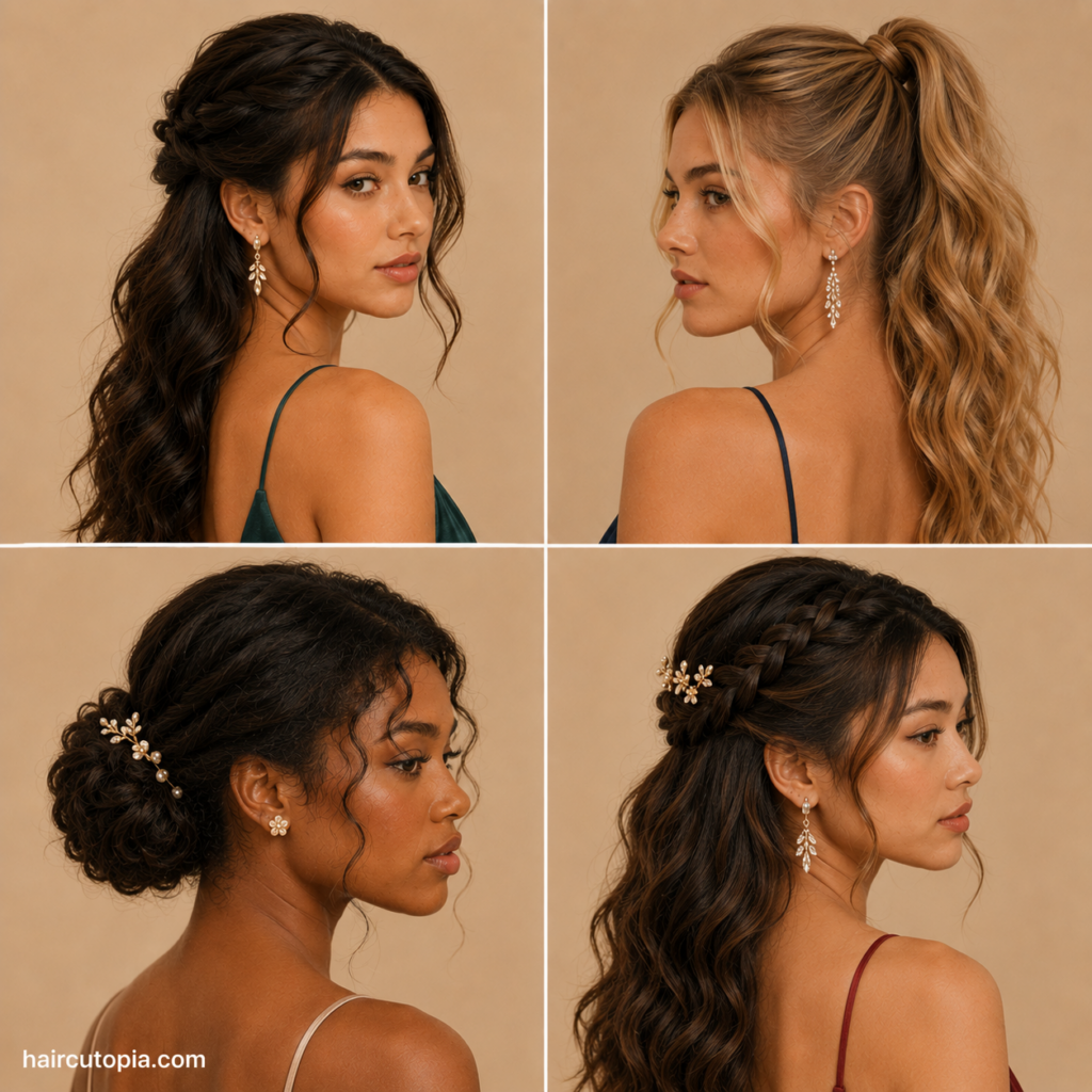 Long prom hairstyles featuring half-up waves, a curly ponytail, low bun, and braided hairstyle