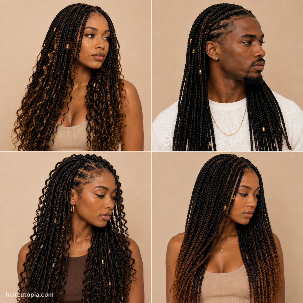Long protective hairstyles featuring braids, twists, cornrows, and loc-inspired styles for men and women