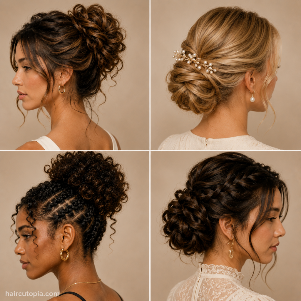 Long updo hairstyles featuring curly buns, braided updos, and an elegant low chignon