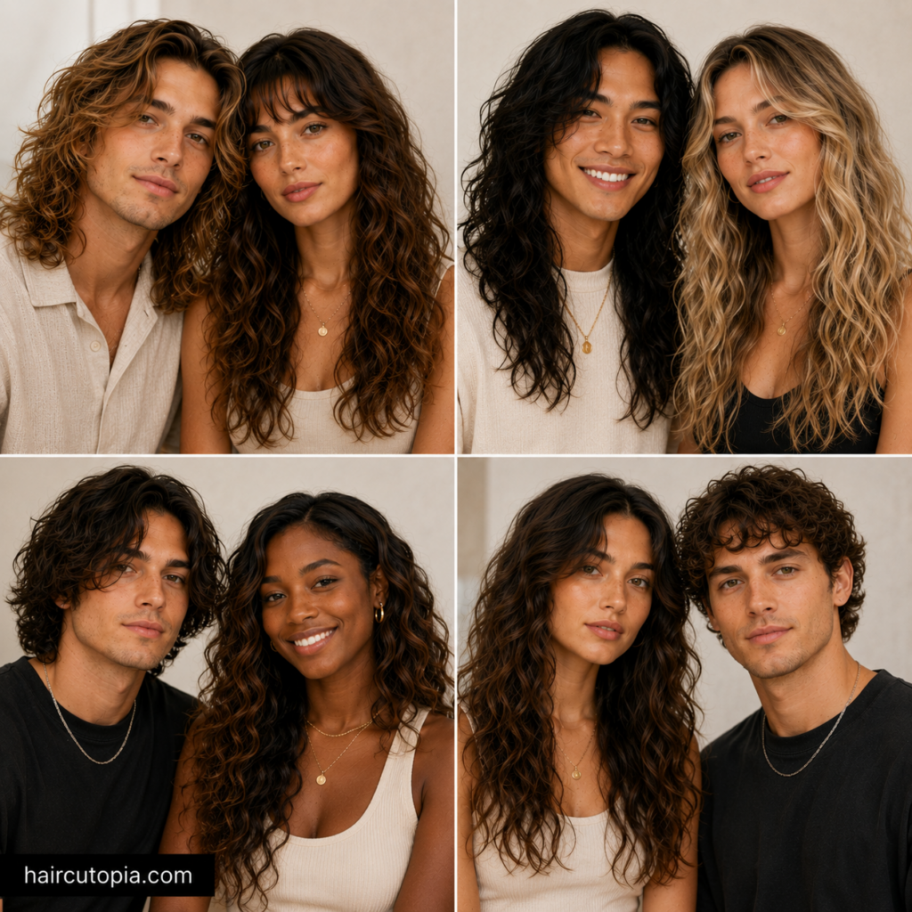 Long wavy haircuts for men and women featuring layered and textured styles