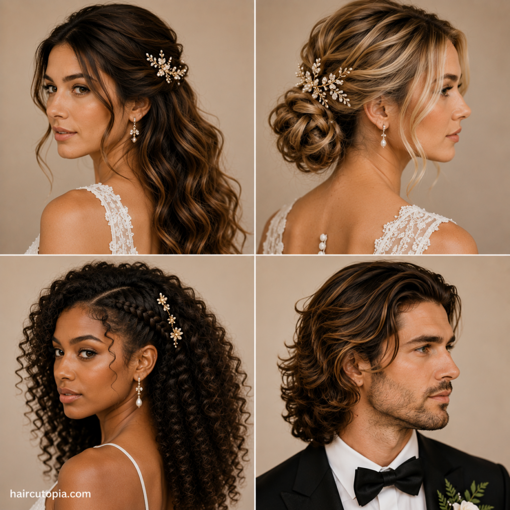 Long wedding hairstyles for men and women featuring half-up waves, a braided updo, natural curls, and swept-back hair