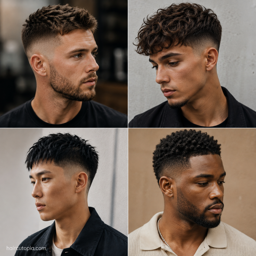 Four low maintenance haircuts for men featuring a textured crop, curly fade, short taper, and natural textured haircut
