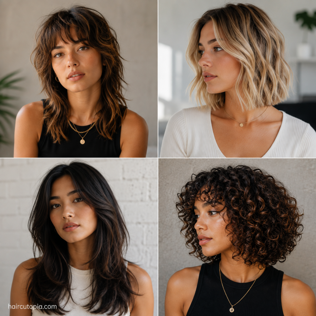 Four low maintenance haircuts for women featuring a shag, textured bob, long layered haircut, and curly bob