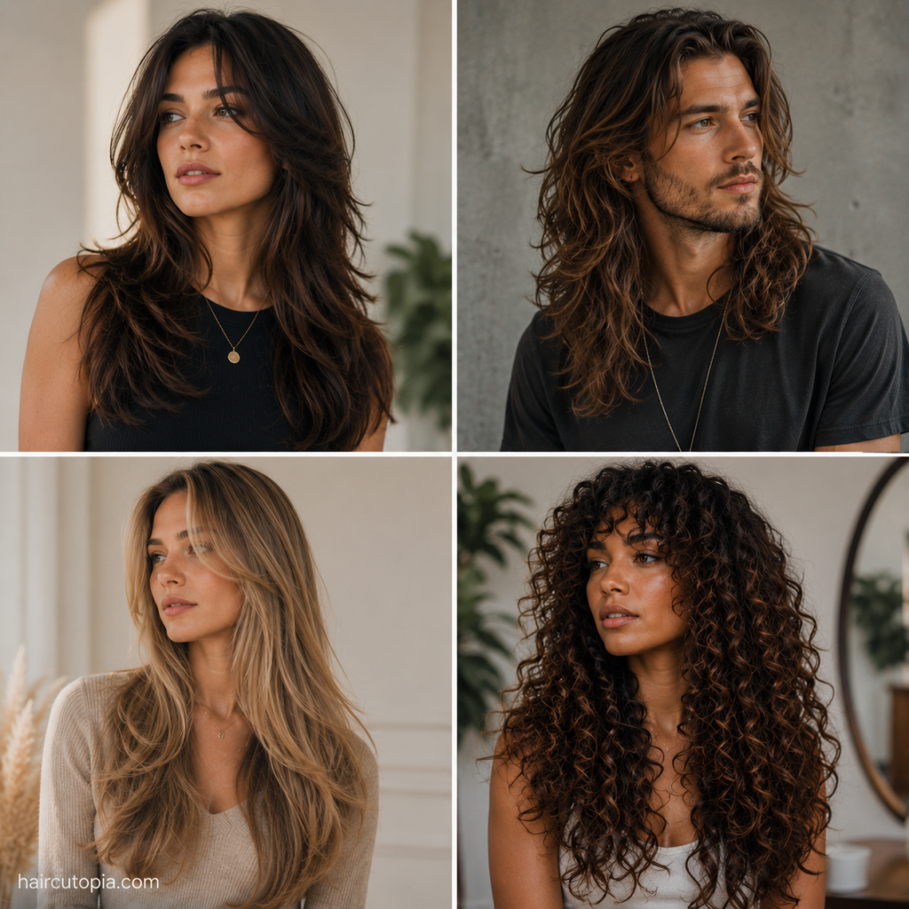 Four low maintenance haircuts for long hair featuring soft layers, long waves, natural curls, and a layered men's haircut