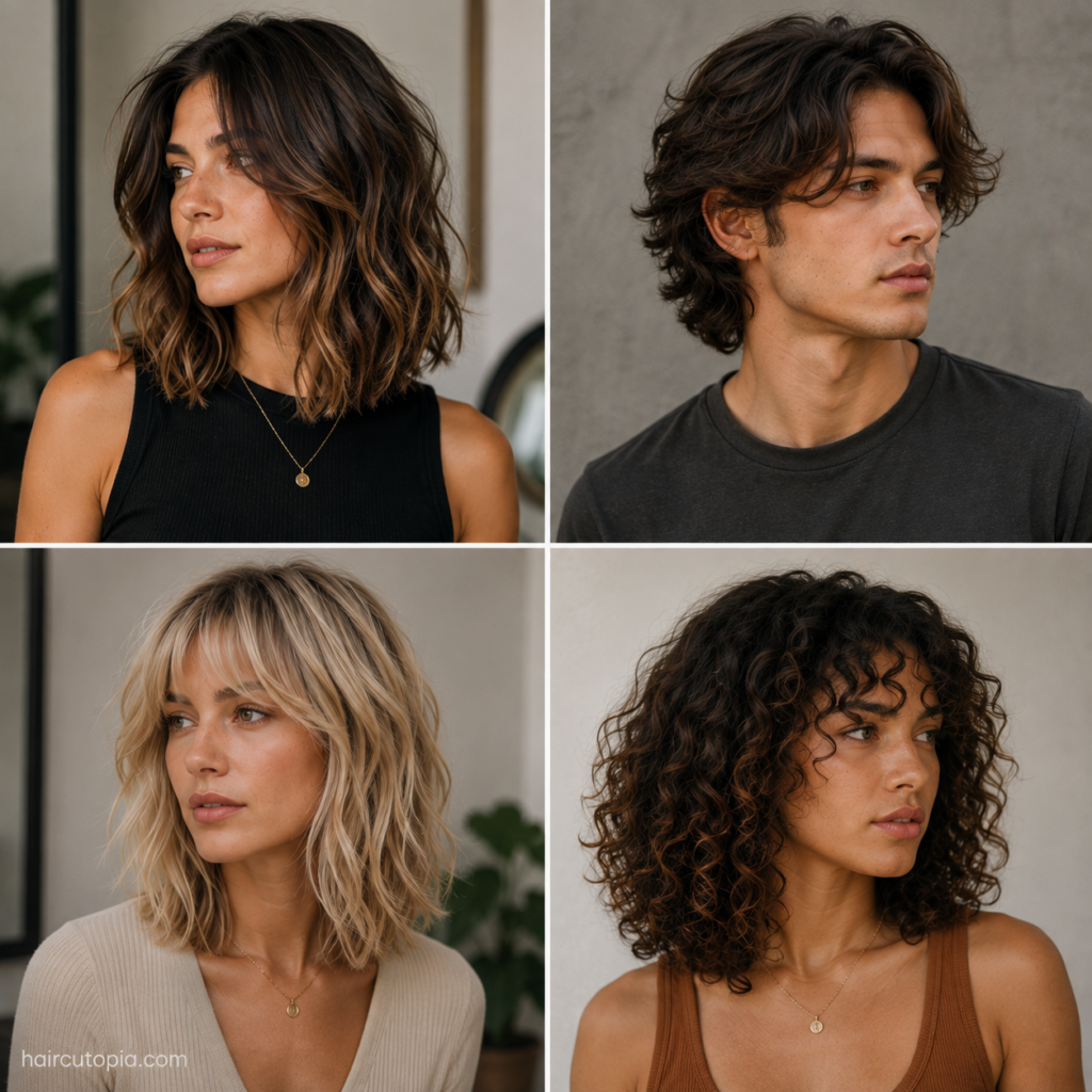 Four low maintenance haircuts for medium hair featuring a wavy lob, layered men's cut, soft shag, and curly shoulder-length style