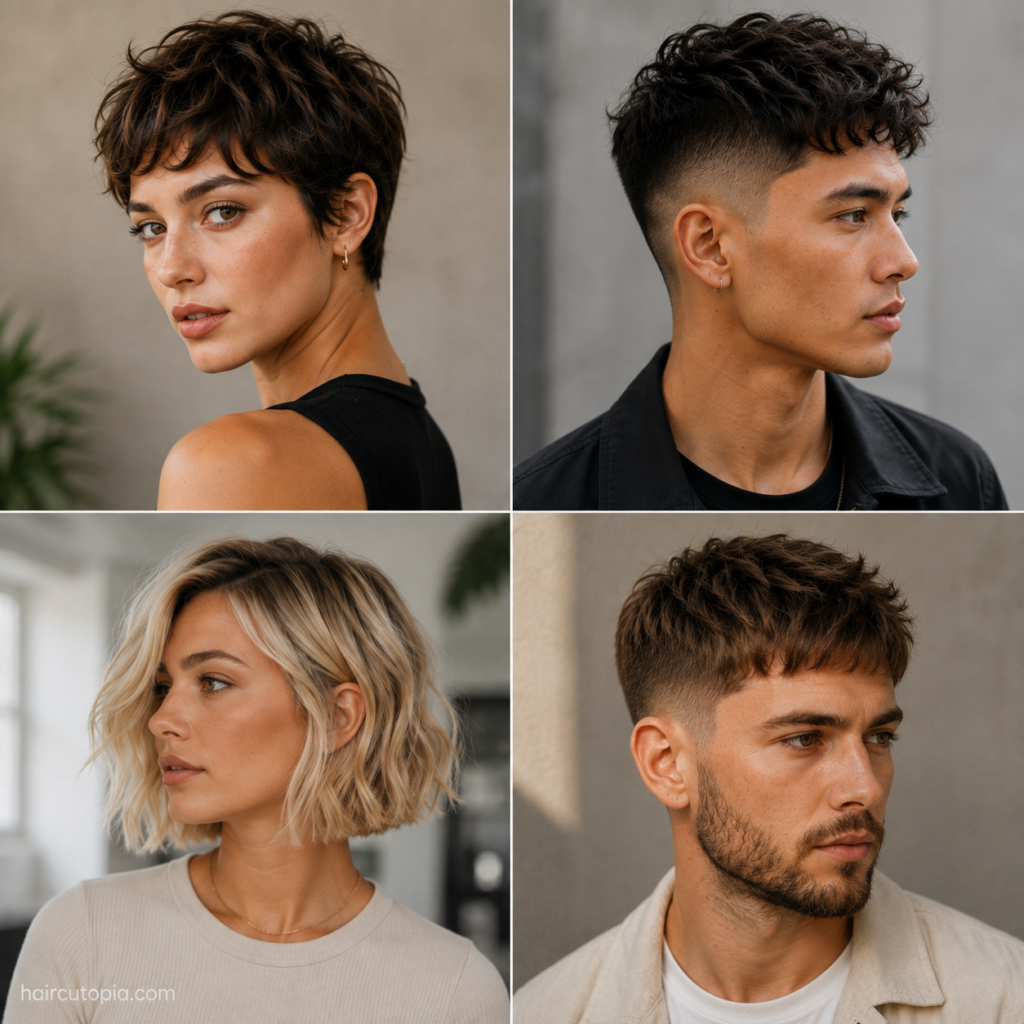 Four low maintenance short haircuts featuring a textured pixie, curly fade, wavy bob, and short textured crop