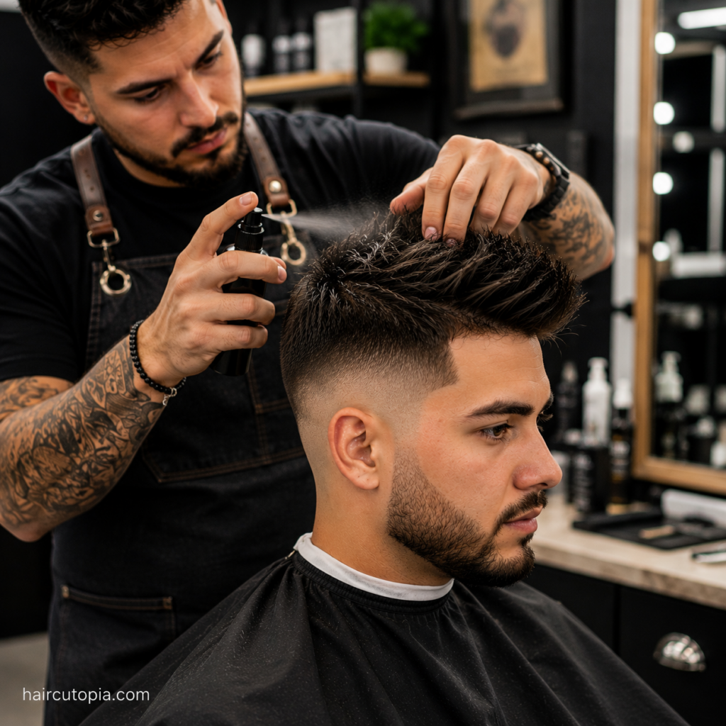 Barber styling a fade haircut with grooming spray