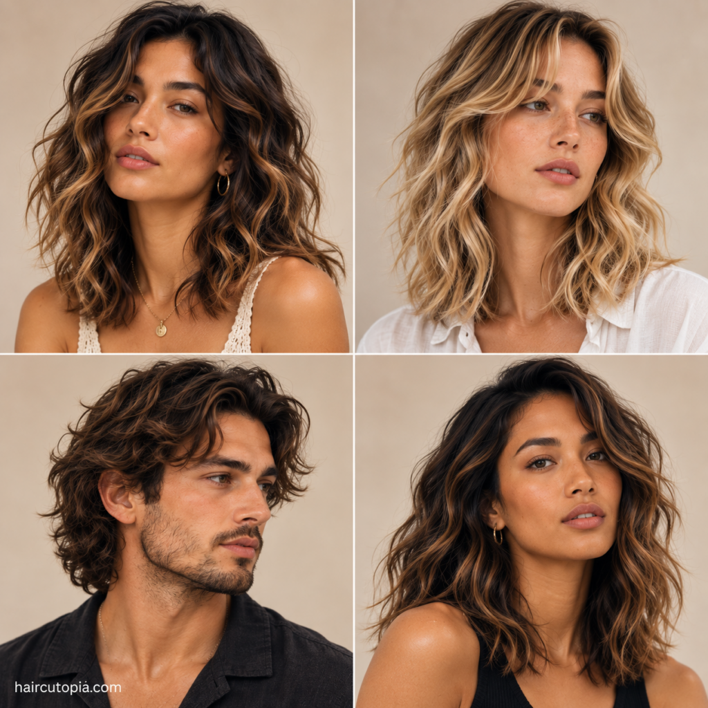 Diverse men and women showcasing medium beach waves with layered, tousled, highlighted, and face-framing styles.