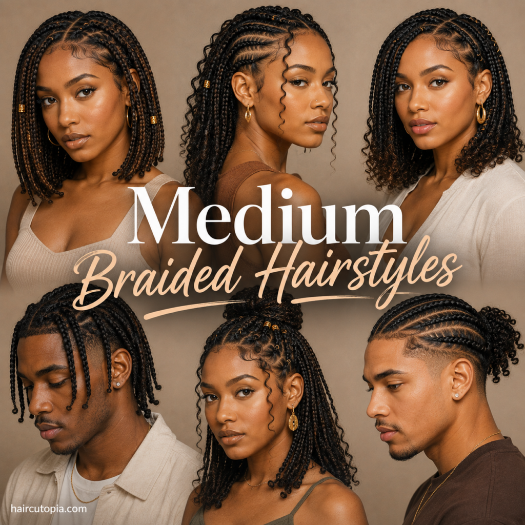 Diverse men and women showcasing medium braided hairstyles including box braids, cornrows, curly braids, and braided updos