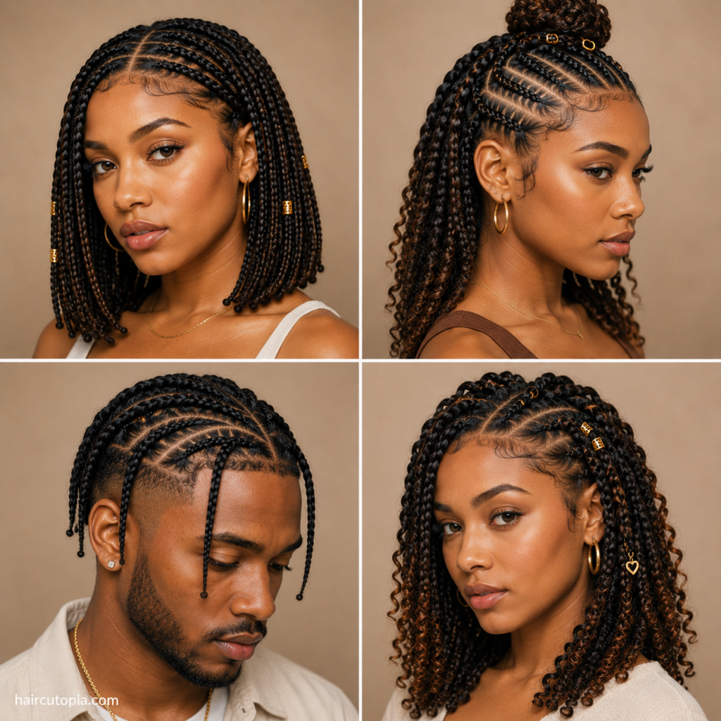 Men and women showcasing medium braided hairstyles including box braids, cornrows, curly braids, and twists