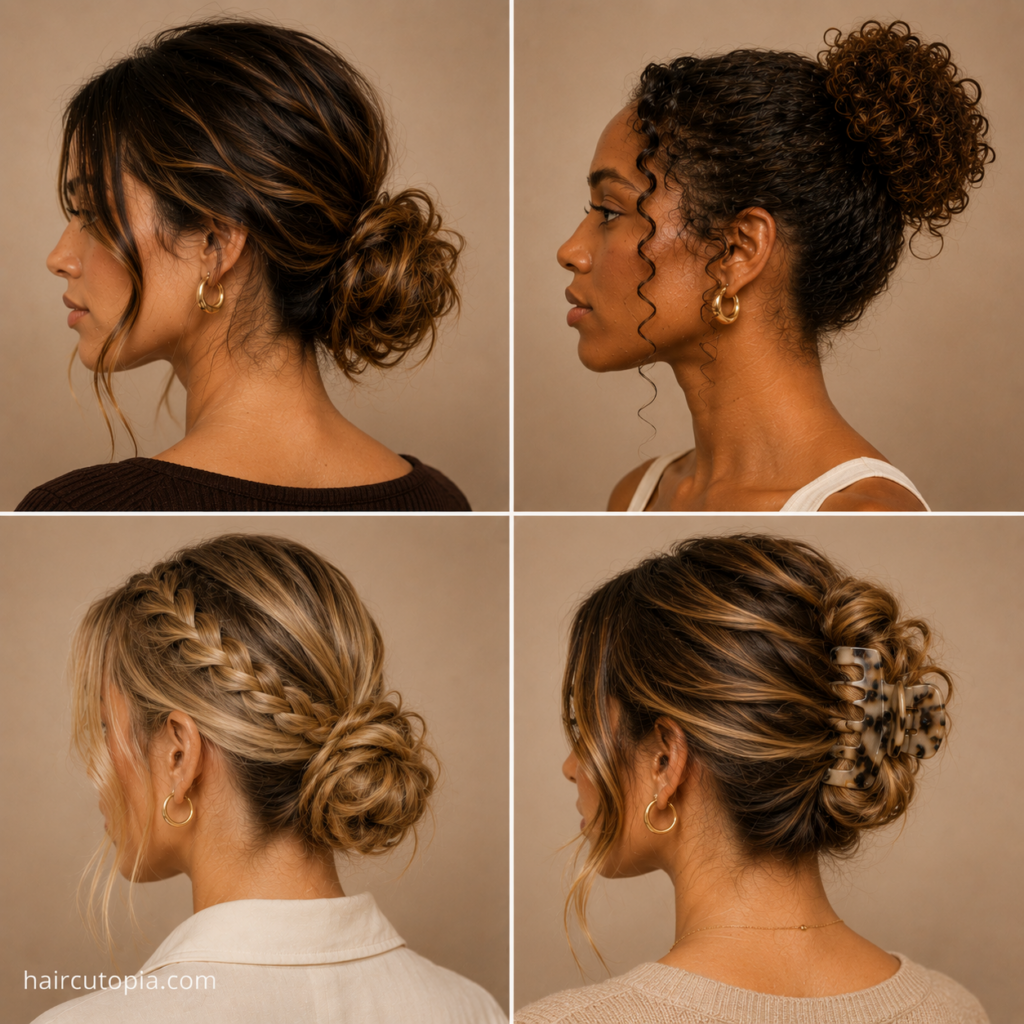 Medium bun hairstyles featuring messy low, curly high, braided, and claw-clip bun styles