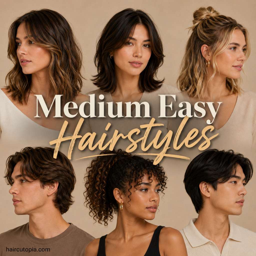 Diverse men and women showcasing medium easy hairstyles including waves, layers, curls, and half-up styles